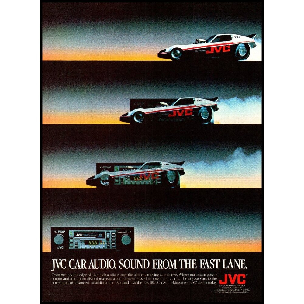 1983 JVC Car Stereo Vintage Print Ad Funny Car Fast Lane Audiophile Wall Art